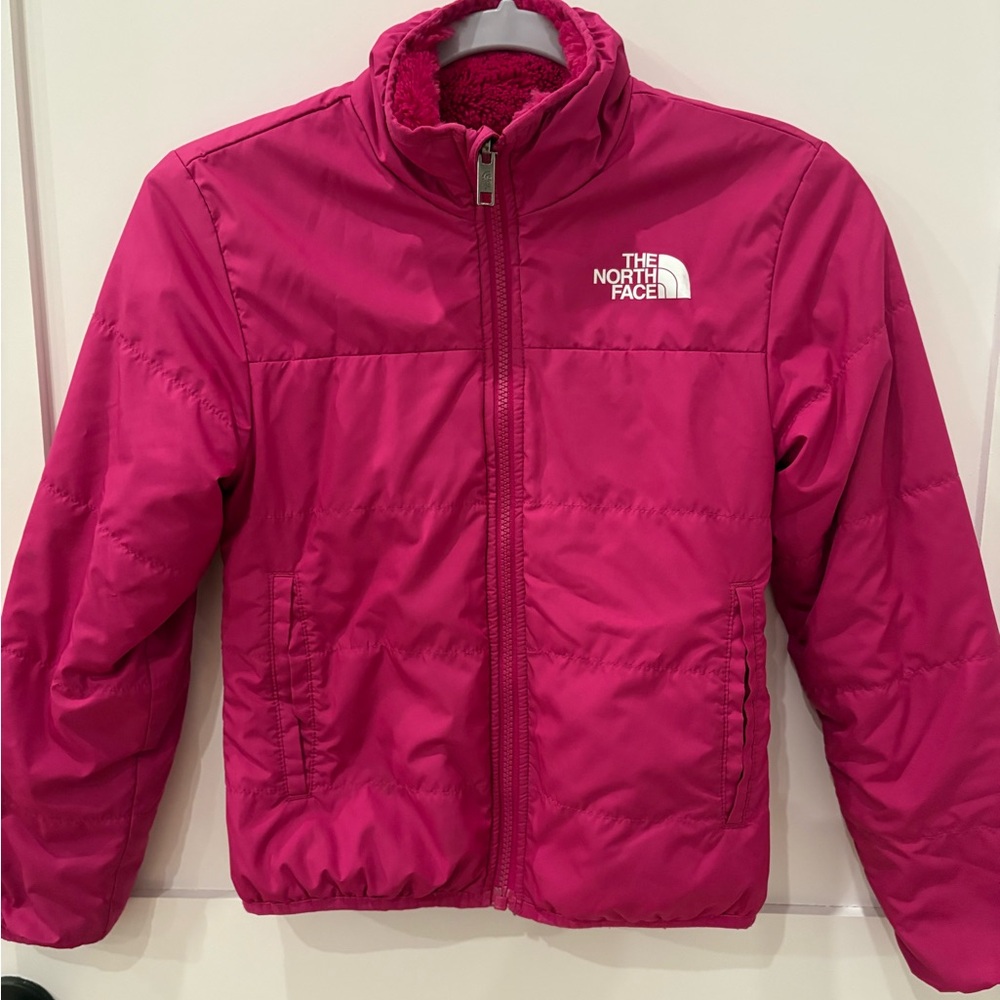 EUC girls reversible North Face Fuchsia Jacket sz 7/8